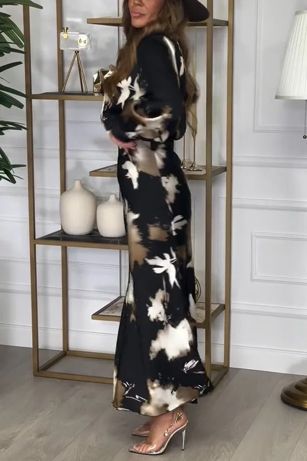 Ensemble chemisier ras du cou à manches ballon et jupe longue taille haute en satin Kona tie dye