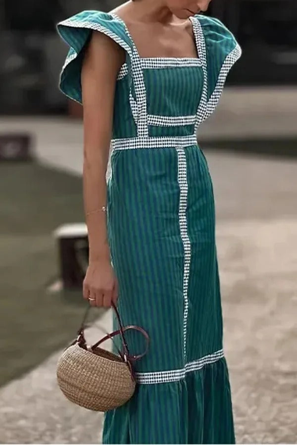 Ärmelloses Maxikleid mit eckigem Ausschnitt und Kontrasteinsätzen
