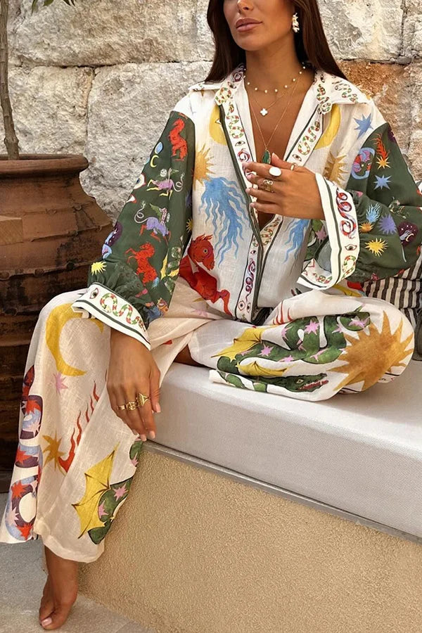 Bohemian Beauty Set mit einzigartigem Print, langärmligem, lockerem Hemd und Hose mit elastischer Taille