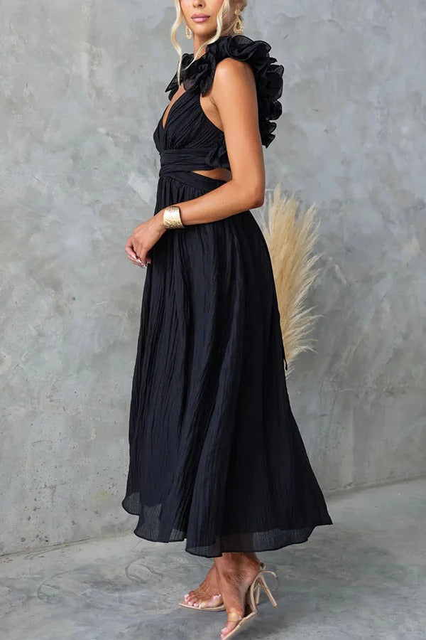 Robe longue de luxe à volants floraux et lacets dans le dos avec taille élastique