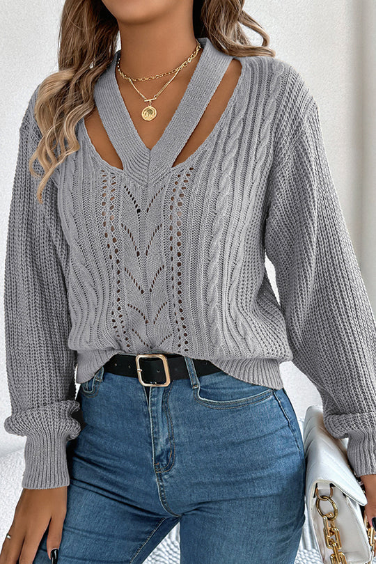 Lässiger, hohler Langarm-Strickpullover mit V-Ausschnitt