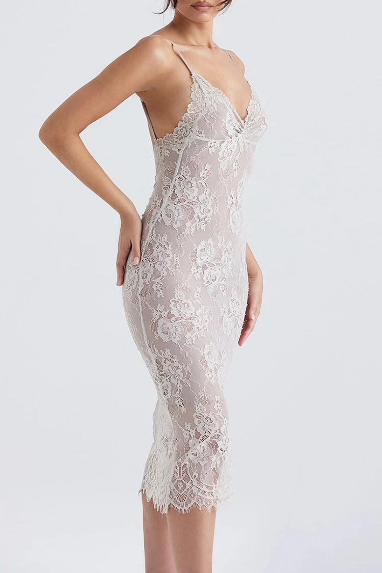 Floral Lace Slip V-Ausschnitt Rückenfreie Cocktail Party Midikleider