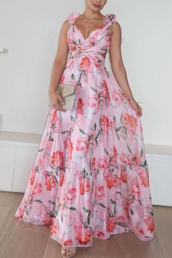 Whimsy Grace – Plissiertes Maxikleid aus Tüll mit Blumenmuster, Rüschendetail auf der Rückseite und Schnürung