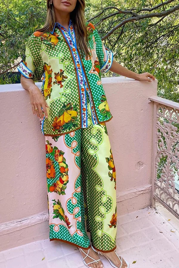 Chemisier surdimensionné boutonné à imprimé unique en satin citron Enjoy Summer