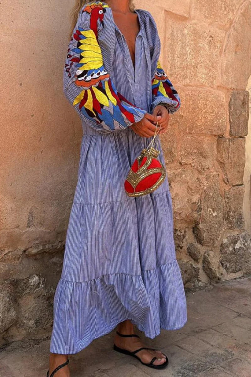 Einzigartiges, bedrucktes, lockeres Maxikleid mit V-Ausschnitt, Ballonärmeln und Schnürung