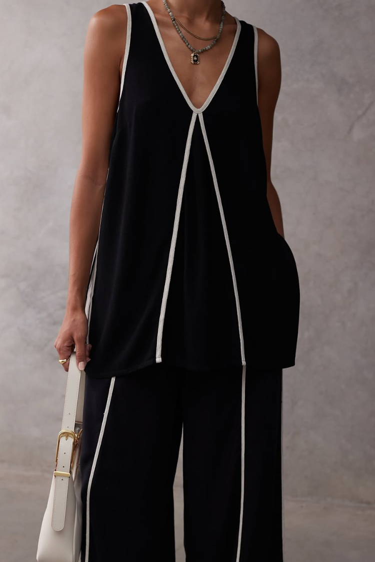 Vera A-Linien-Tanktop mit kontrastierenden Paspeleinsätzen und Hose mit weitem Bein und elastischer Taille