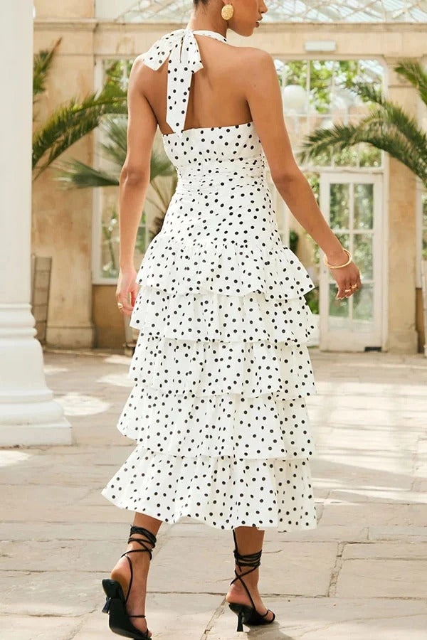 Violet Polka Dot Print Layered Ruffles Halter Tie-up Midi Dress