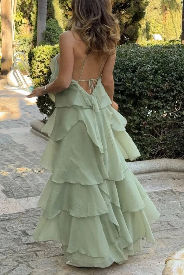 Romantic Summer Chiffon Tiered Ruffle Deep V-Back Halter A-line Maxi Design