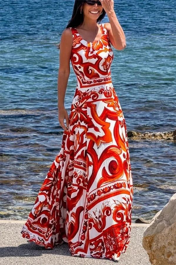 Arnell Contrast Color Artistic Floral Print Square Neck Pleated Hem Maxi Dress