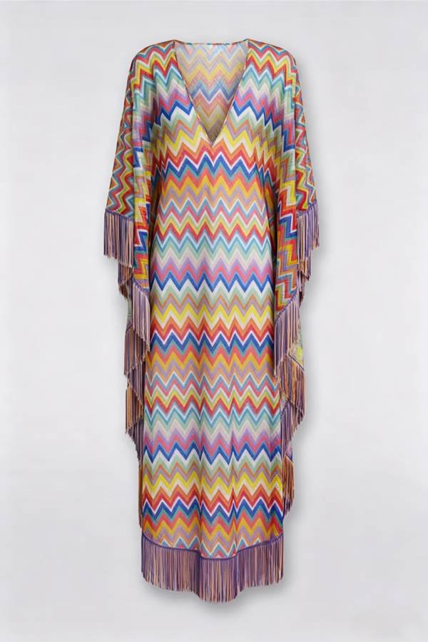 Casie Knit Colorful Zigzag Pattern Fringe Trim Cover-up Vacation Maxi Dress