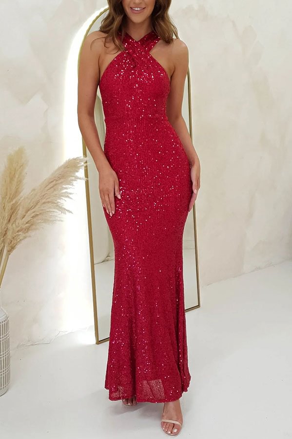 Time To Sparkle – Rückenfreies Maxikleid mit Pailletten und überkreuztem Neckholder