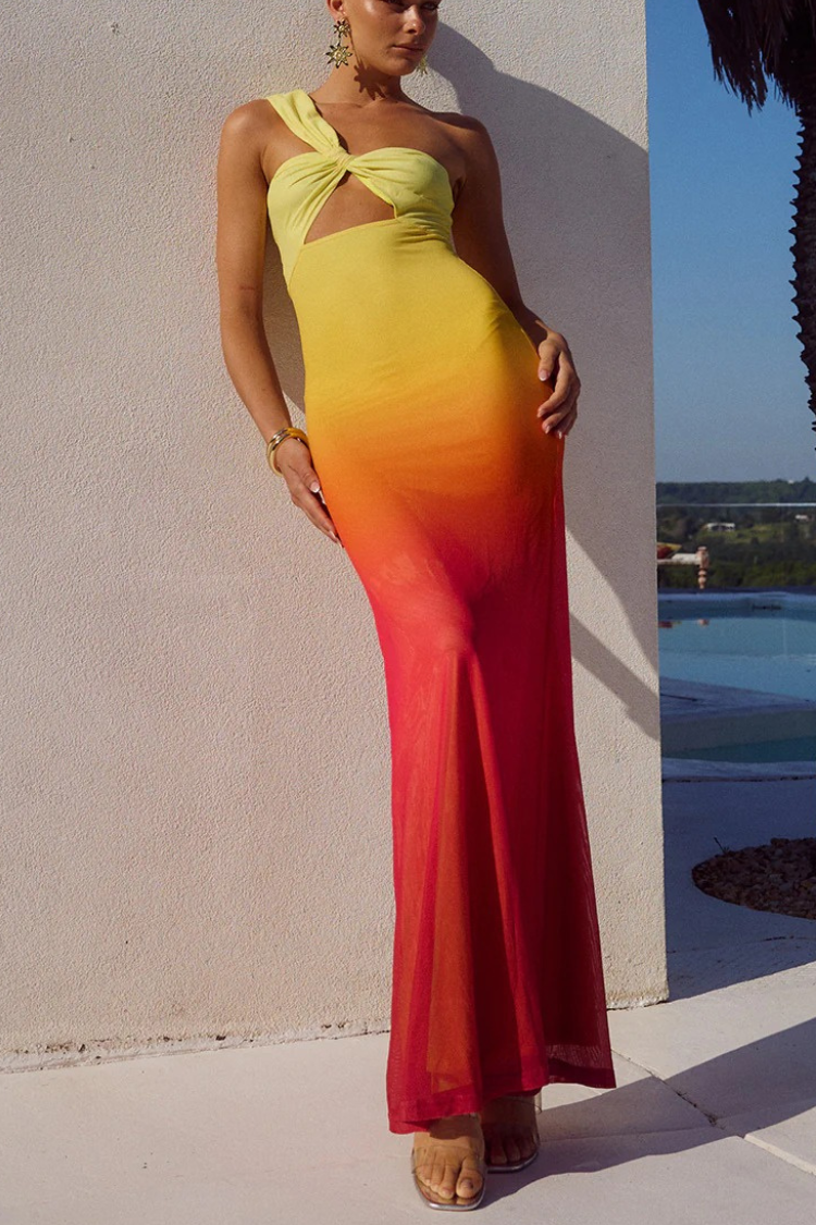 Robe longue extensible à découpes asymétriques et imprimé ombré en maille Dreamy Sunset