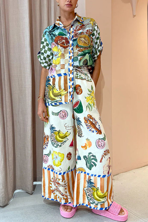 Pantalon large à taille élastique et poches en mélange de lin et imprimé fruits tropicaux Perfect Day