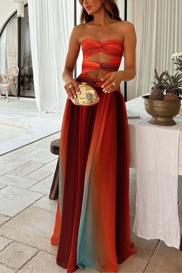 Sardinia Sunset – Schulterfreies Urlaubs-Maxikleid mit Netzstoff und Twist-Ausschnitt