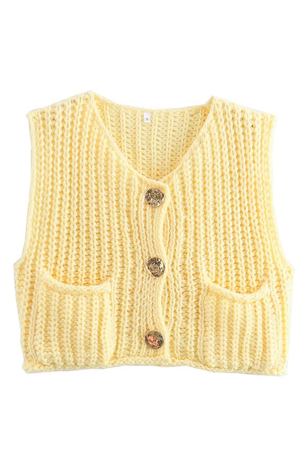 Einfarbige ärmellose Strickweste mit Tasche