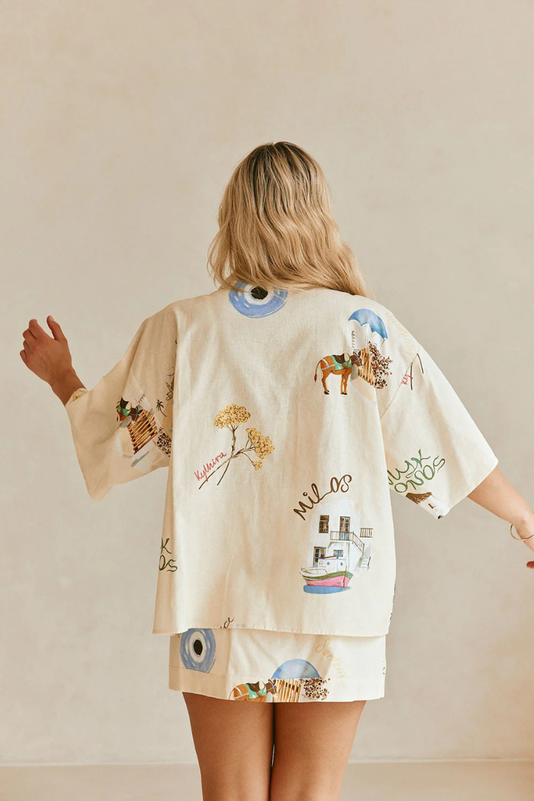 Ensemble chemise à manches courtes et minijupe portefeuille taille haute en mélange de lin Kea à imprimé unique