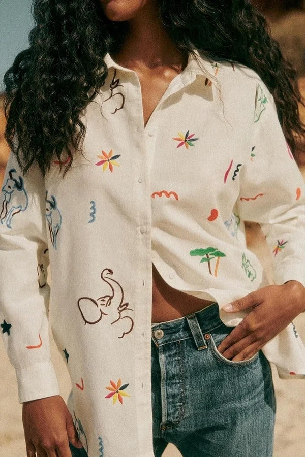 Chemisier ample à manches longues et boutons, imprimé unique, mélange de lin et de couleurs joyeuses