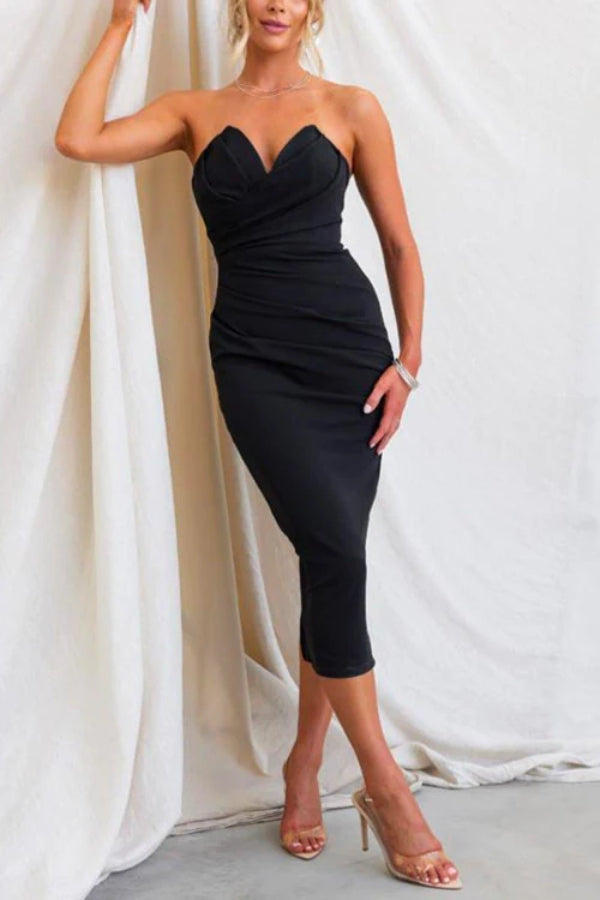 8 Farben Trägerloses Tube-Top Gerafftes Rückenschlitz Midi-Partykleid