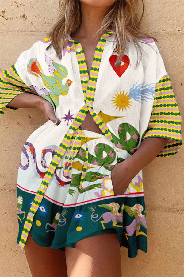 Ensemble chemisier oversize à imprimé unique en lin mélangé Hillary et short à poches à taille élastique