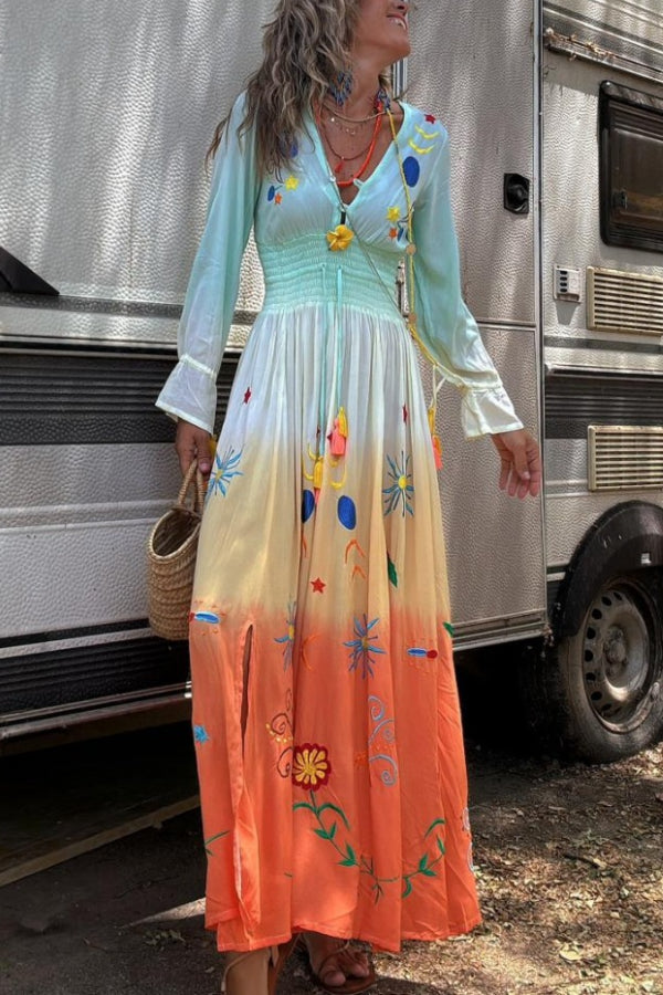 Robe longue à franges et taille élastique à imprimé dégradé Gigi