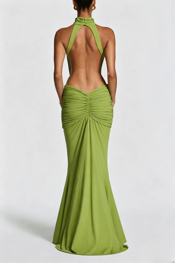 Thekla Stretch Slinky Jersey High Neck Ruched Backless Drape Maxi Dress