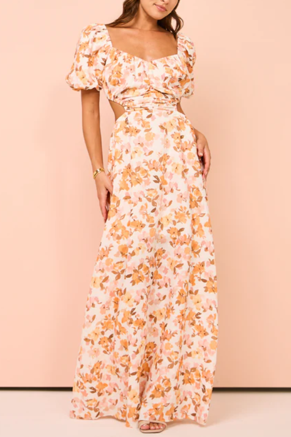 Elastische Puffärmel, plissierte Taille hinten, hohl, süßer langer Rock