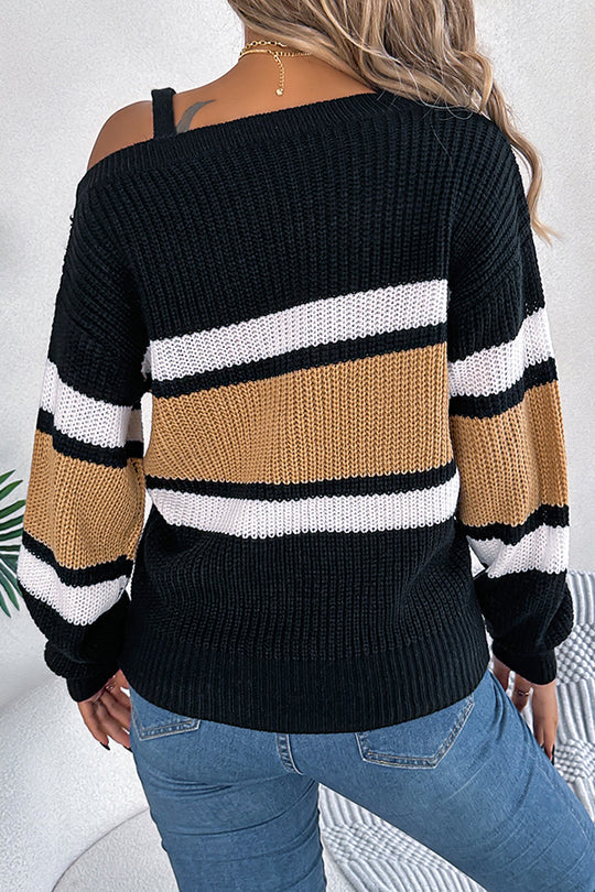 Gestreifter, kontrastierender, lockerer, langärmeliger Strickpullover mit Metallschnalle