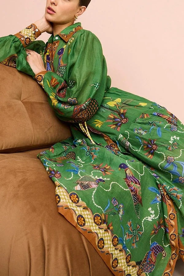 Special Moment – Midi-Hemdkleid mit Ballonärmeln und Vogelprint „Heaven“