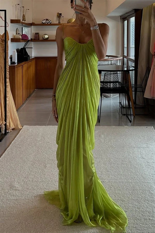 Victoria Shimmering and Flowing Pleated Fabric Back Lace-up Drape Maxi Dress