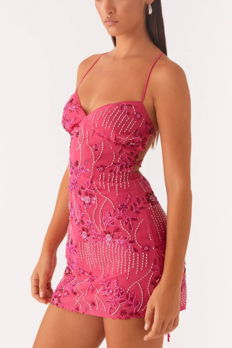 Tolles Camisole-Minikleid mit Pailletten und Perlenbesatz hinten und Schnürung