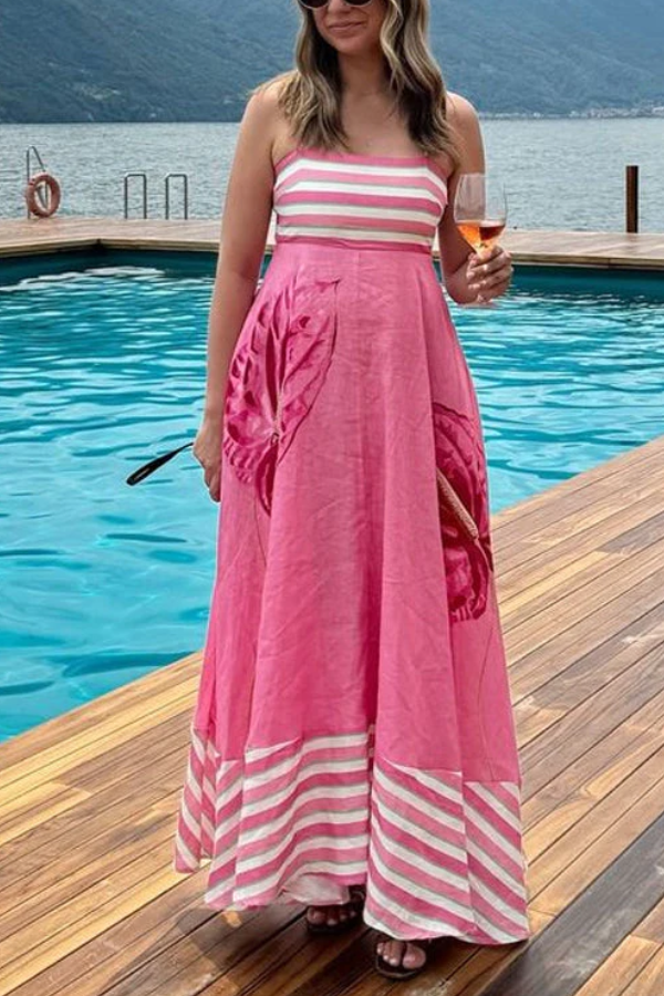 Rückenfreies, gestreiftes, gespleißtes Swing-Maxi-Camisole-Kleid mit Blumendruck