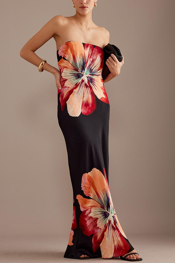 Charming Lady Satin Bandeau Maxikleid mit Blumendruck