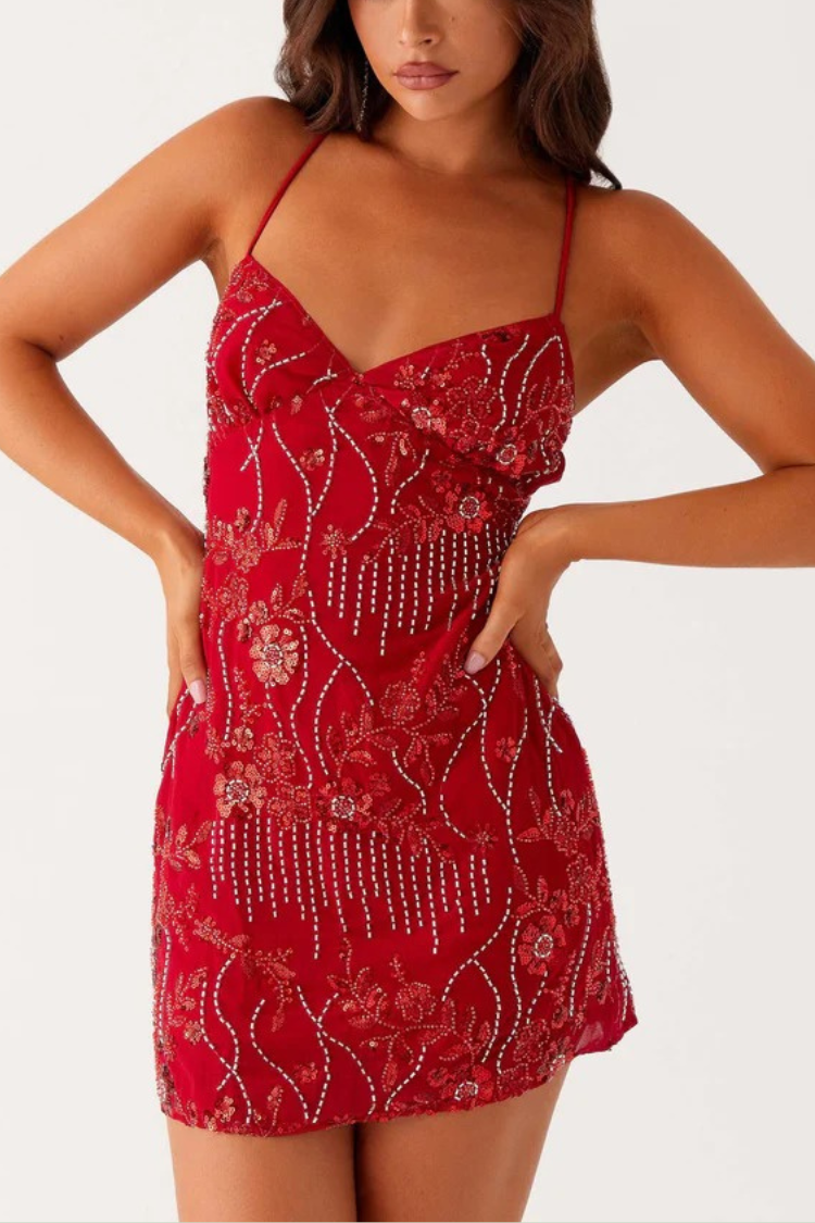 Tolles Camisole-Minikleid mit Pailletten und Perlenbesatz hinten und Schnürung