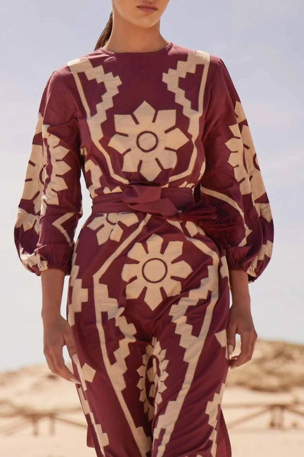 Midikleid mit Puffärmeln und Retro-Folk-Blumendruck