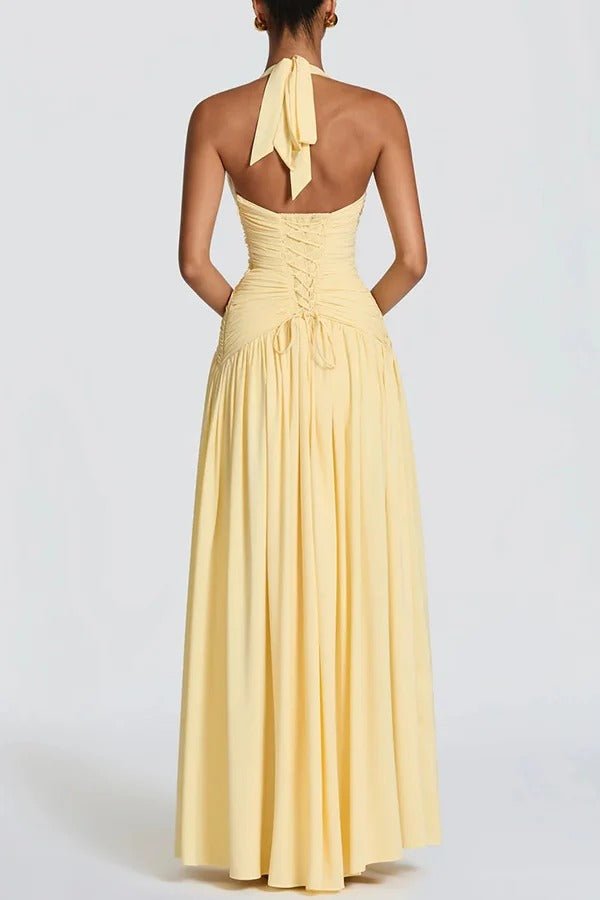 Amaris Halter Tie-up V-neck Ruched Detail Back Lace-up Slit Drape Maxi Dress