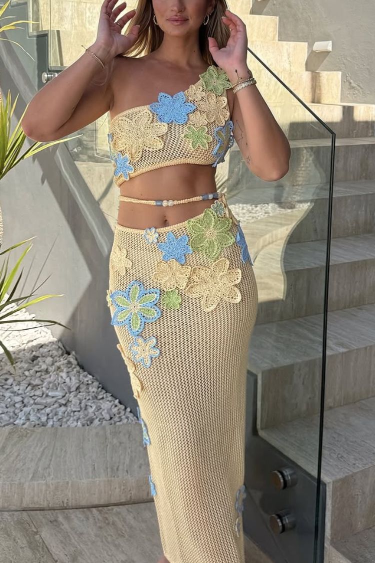 Jupe longue extensible de luxe en tricot crocheté à la main avec fleurs et perles