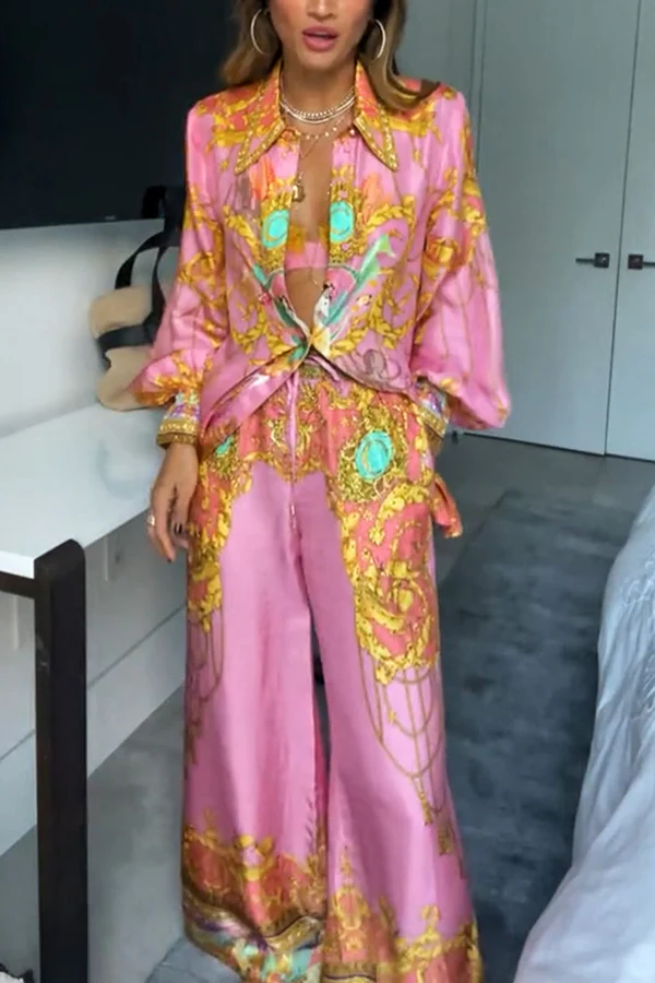 Mermaid Motel Set mit langärmligem, locker sitzendem Hemd und Hose mit elastischem Bund und einzigartigem Druck