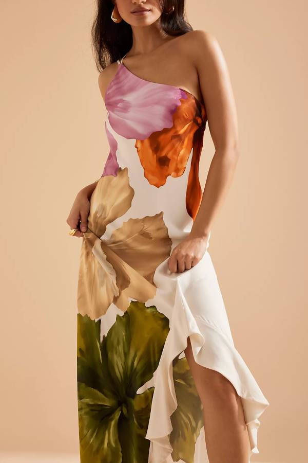 Maxi-Slip-Kleid mit Blumenmuster und einer Schulter sowie seitlichen Rüschen