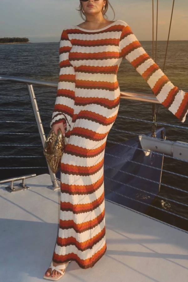 Damen Langarm Rundhalsausschnitt Rückenfrei Gestreift Figurbetontes Pulloverkleid Rippstrick Maxi Lange Kleider
