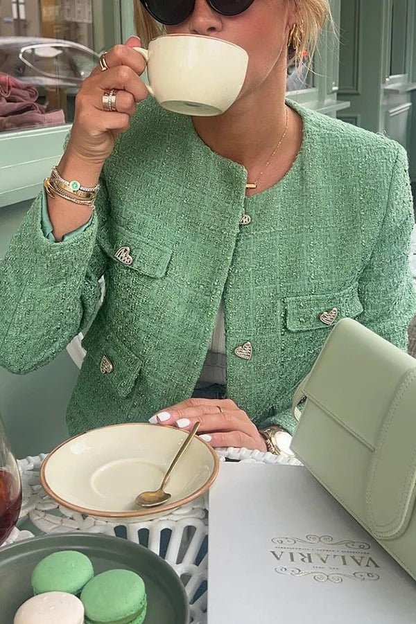 Stilvolle Tweed Love Button Langarm Casual Pocket Jacke