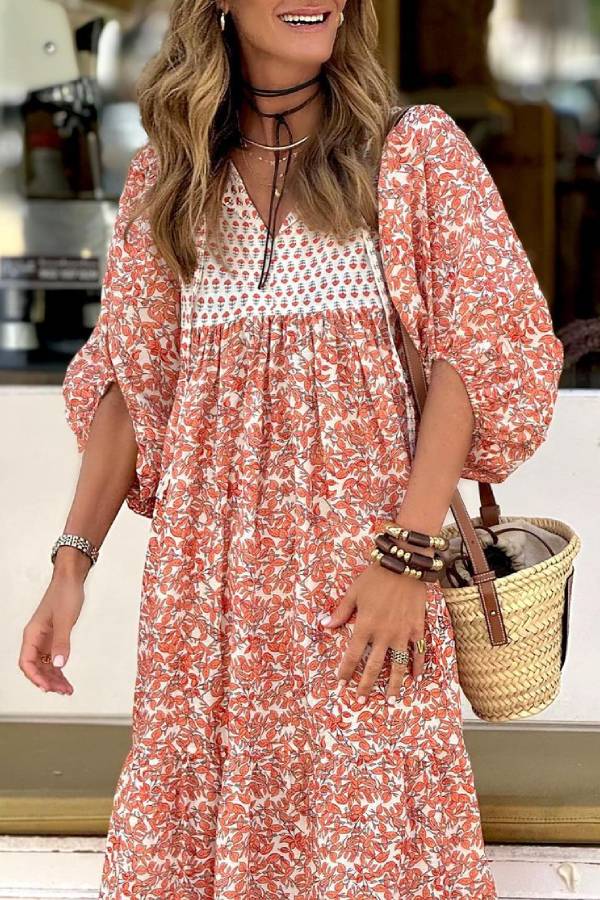 Boheme Lifestyle – Bedrucktes, lockeres Maxikleid mit Puffärmeln