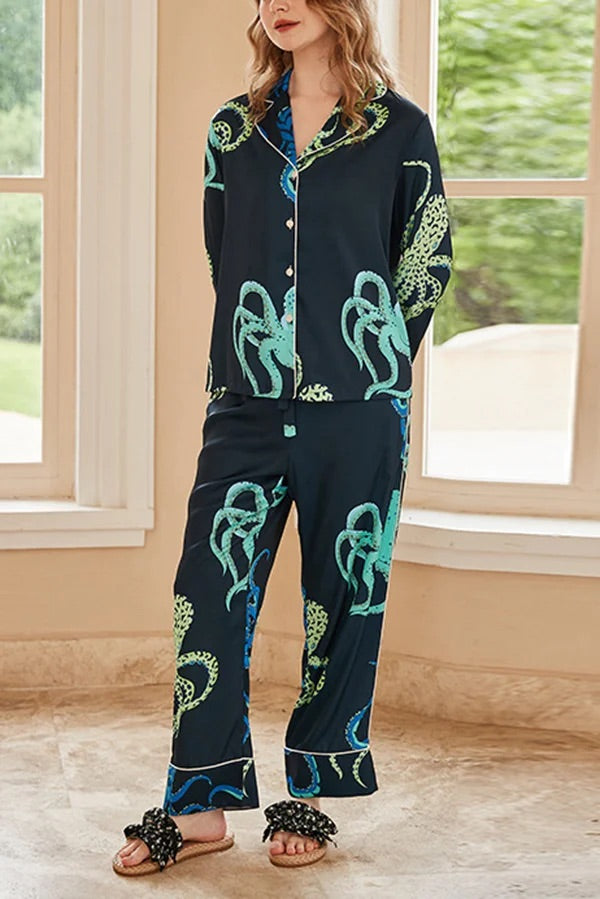 Schwarzes, langärmliges Home-Zweiteiler-Set mit Oktopus-Print