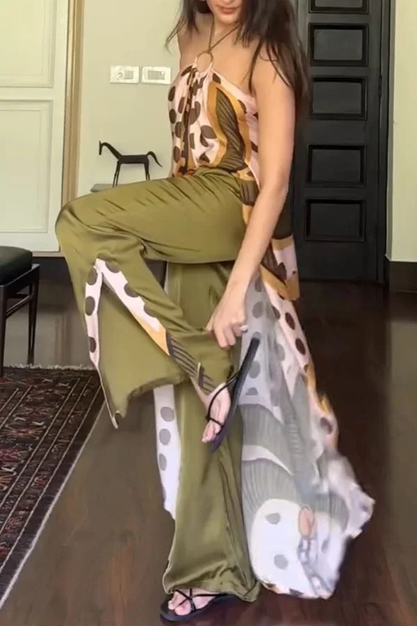 Junea Satin Polka Dot Unique Print Ring Halter Slit Midi Top and Elastic Waist Pocket Pants Set