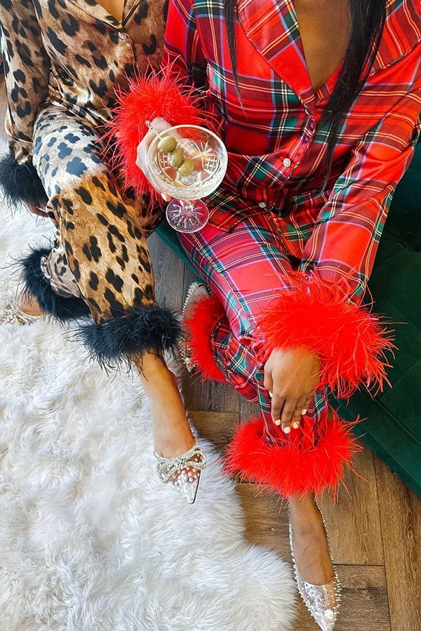 Weihnachts-Pyjama-Set mit Besties-Party-Print und Federbesatz, elastischer Taille und Taschen