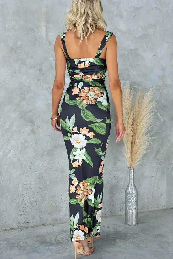 Robe longue extensible froncée à imprimé floral Enslee, encolure dégagée