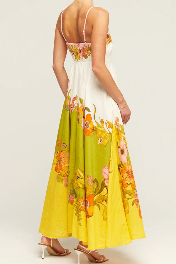 Robe longue Malakai en lin mélangé à imprimé floral contrasté et poches smockées dans le dos