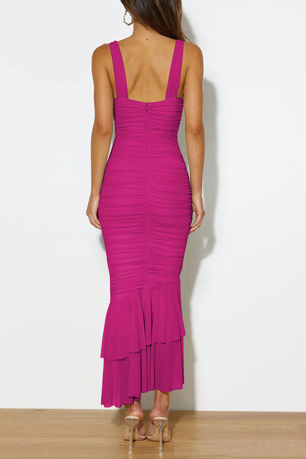 Einfarbiges, plissiertes Meerjungfrauenkleid mit hoher Taille