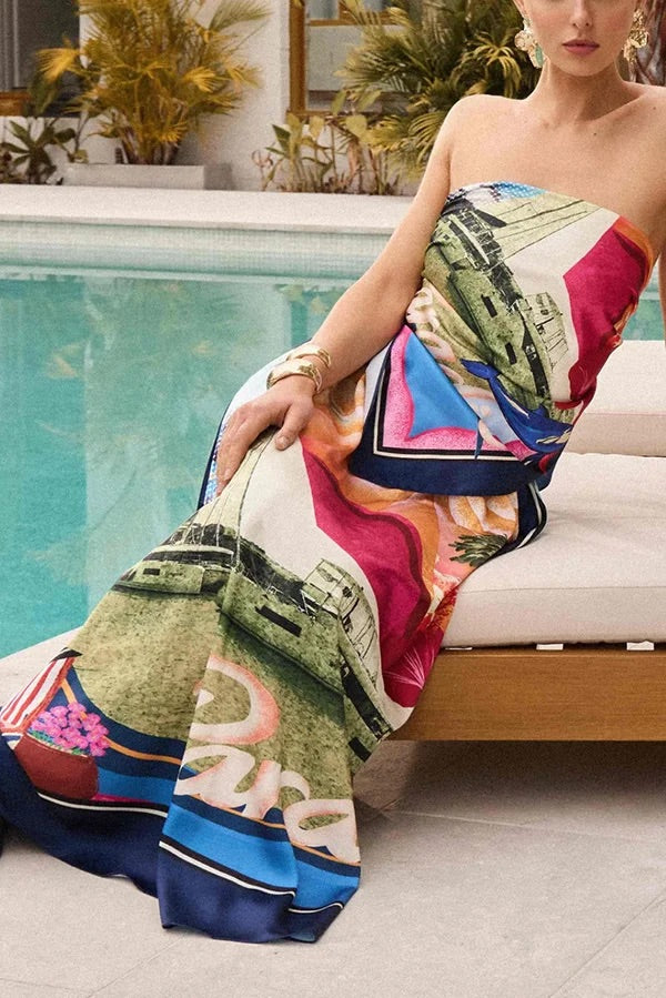 Ensemble haut foulard noué en satin imprimé unique et jupe longue ample à taille élastique