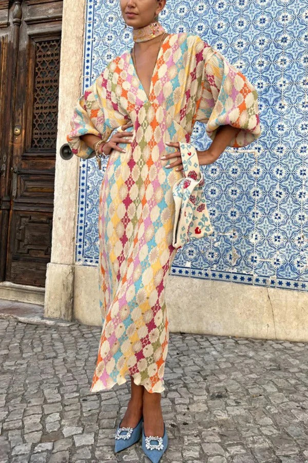 Wunderschönes, farbenfrohes Kimono-Midikleid mit Puffärmeln im Sunshine-Stil mit einzigartigem Print