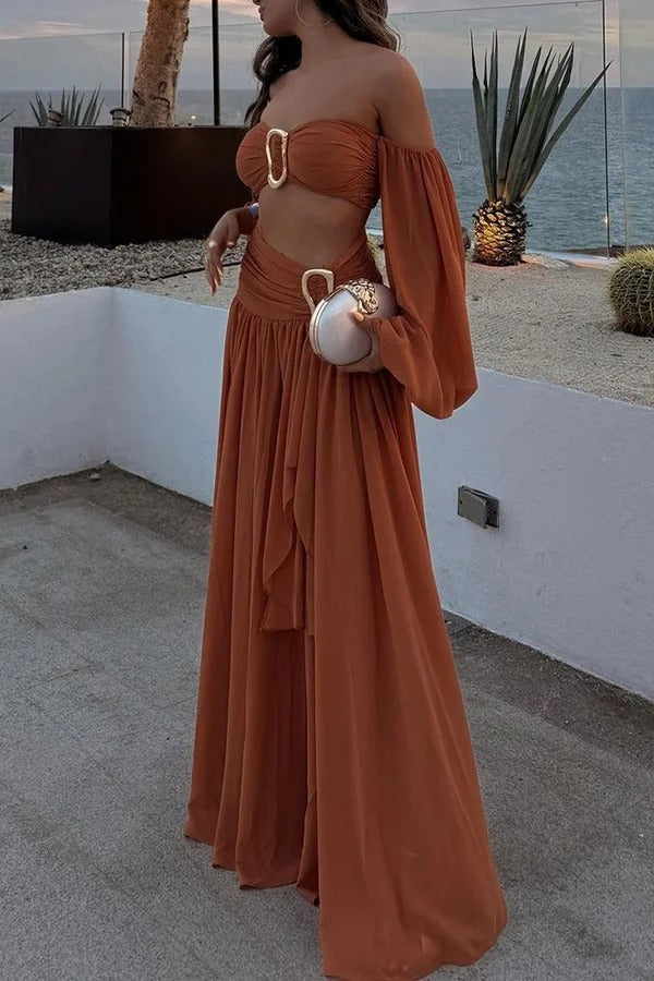 Urlaubs-Chic Chiffon High Rise Fließendes asymmetrisches drapiertes Maxirock-Set
